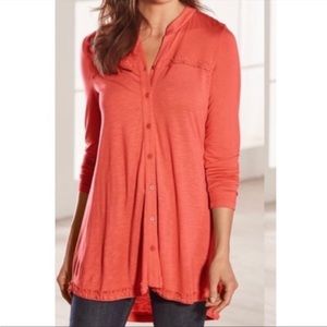 Soft Surroundings Graciela Button Front Split Neck Ruffle Tunic Top Coral 1X
